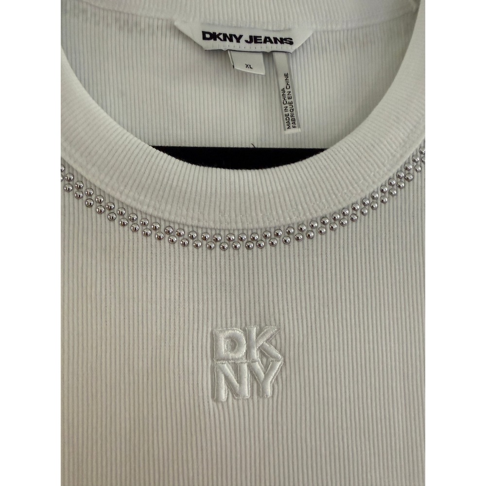 DKNY Jeans Womens White Studded Ribbed Tank Top Sleeveless Logo XL DJ5T1380 - Picture 2 of 5